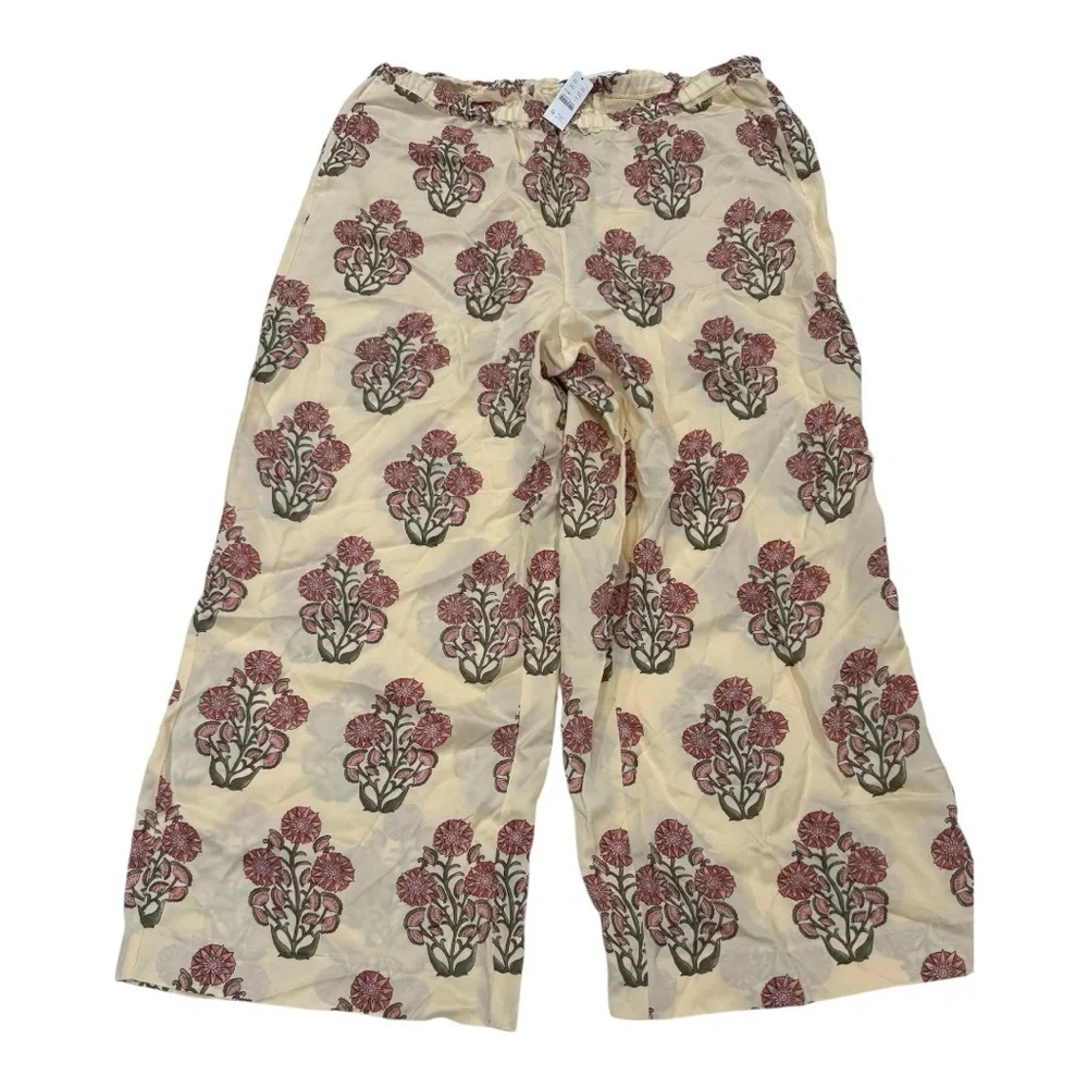 J. Crew Cream and tan Floral Wide Leg Pants
